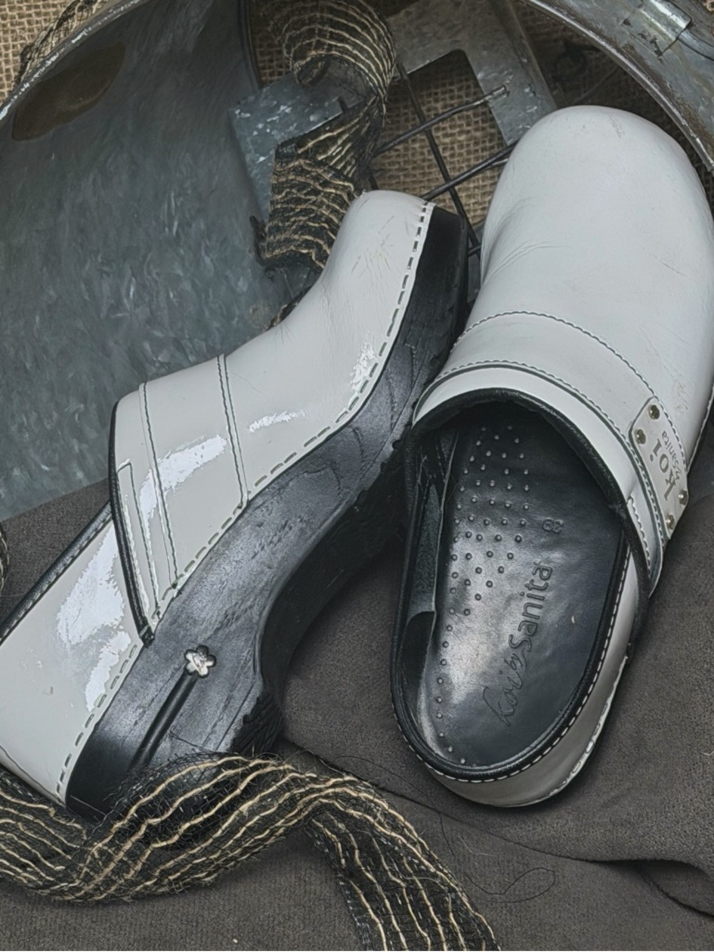 EUC White Sanita Patent Leather Women’s Clogs Size 39